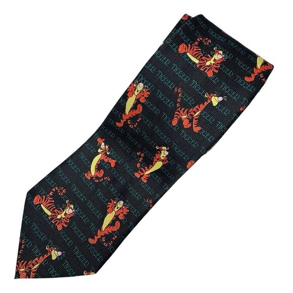 Pooh Disney Tigger VTG 90s Necktie Black Multicolor Tigger Name Repeated Pattern - Picture 1 of 3